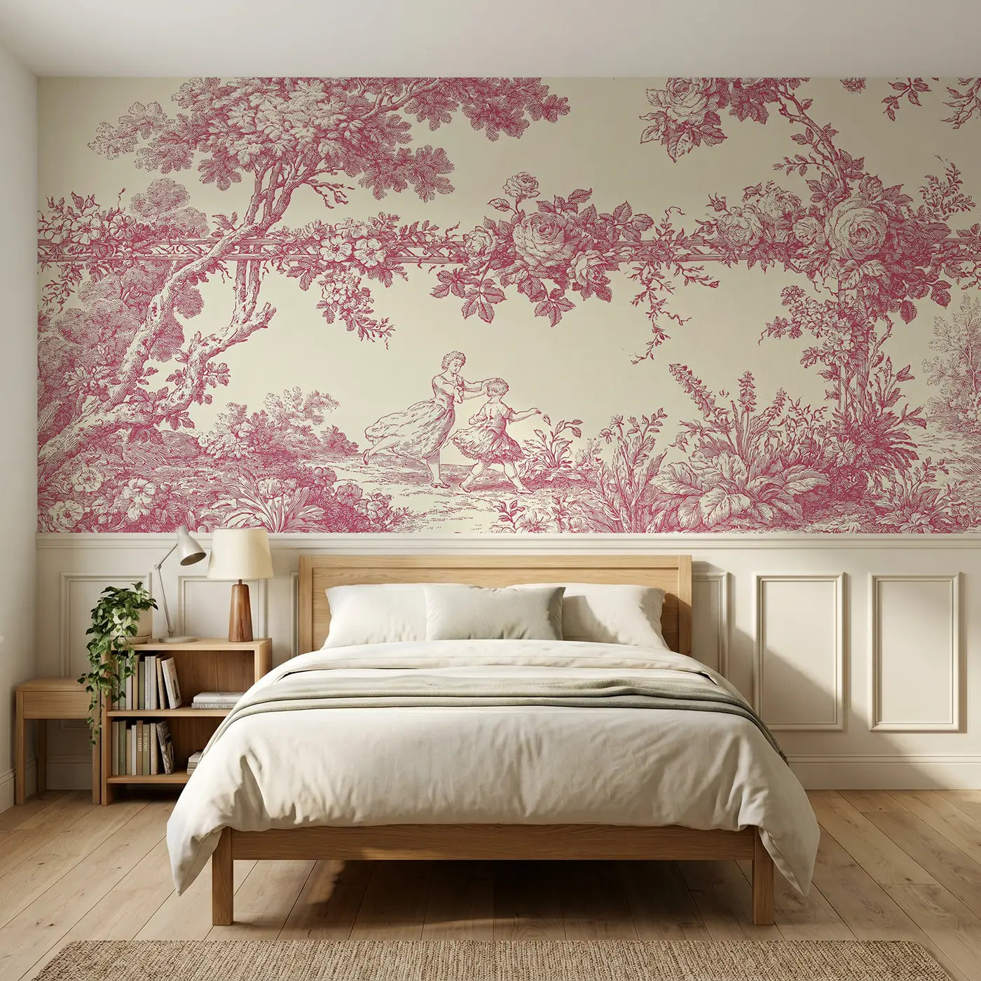 Botanical Elegance couple dancing garden red toile wainscoting wallpaper for bedroom by Whimsy Tots.