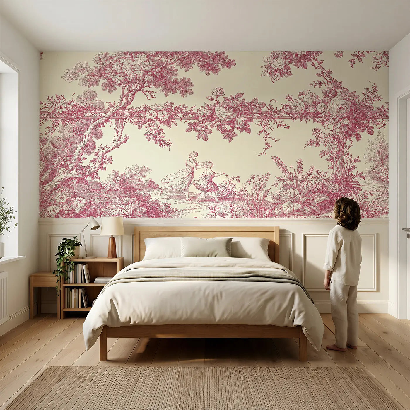 Child reading near Couple Dancing Garden Toile Wainscoting Wallpaper by Whimsy Tots