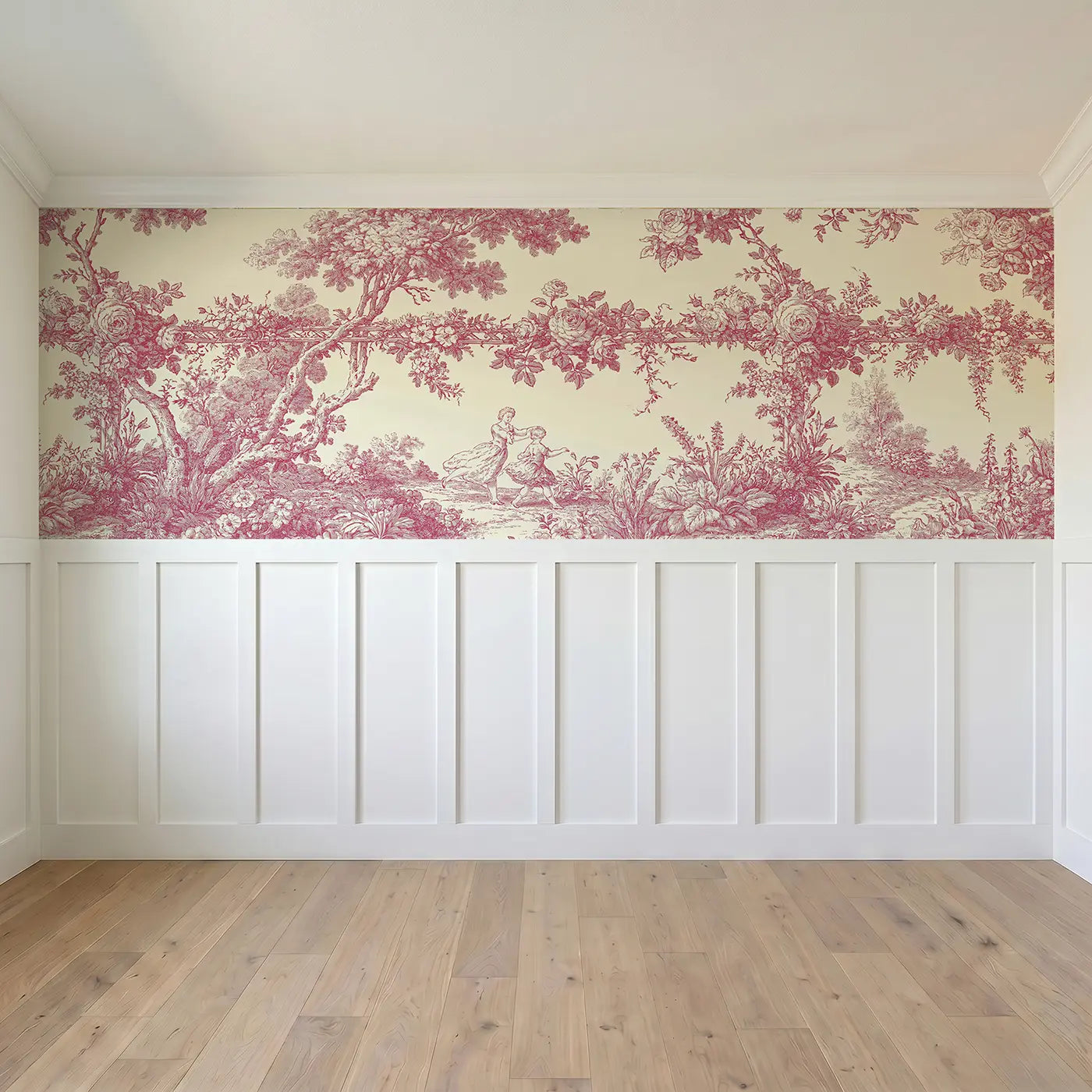 Full panel view of Couple Dancing Garden Toile Wainscoting Wallpaper by Whimsy Tots