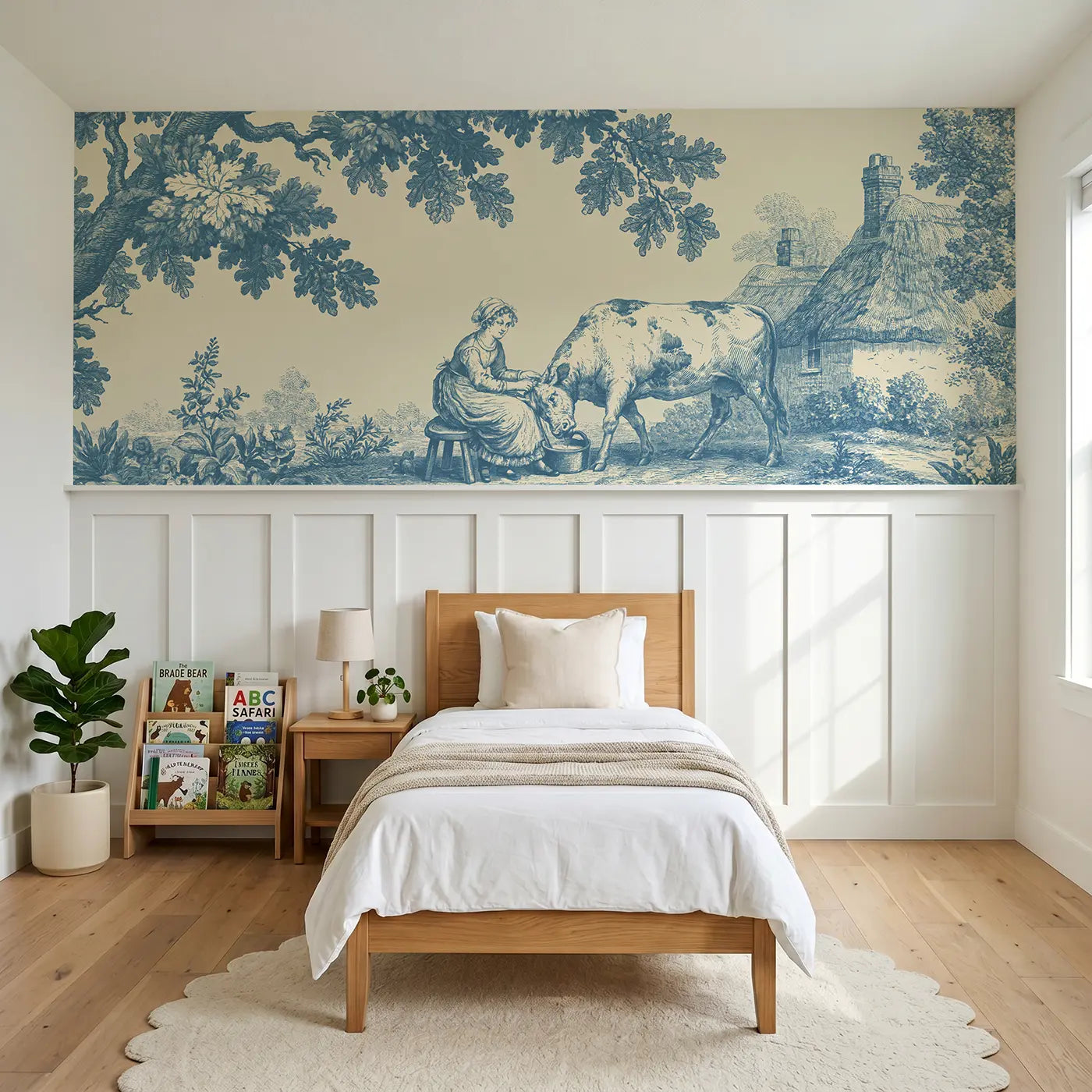 Botanical Elegance milkmaid cow pastoral blue toile wainscoting wallpaper for bedroom by Whimsy Tots.