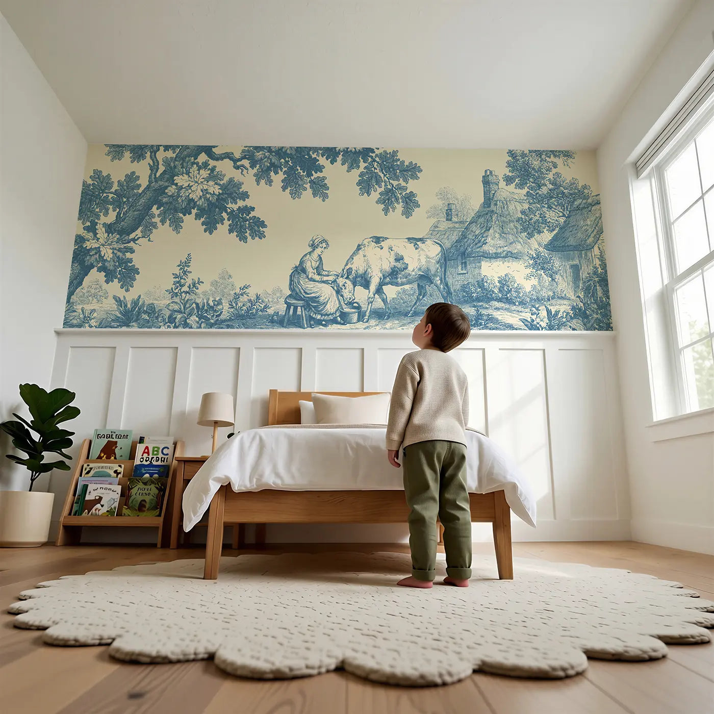Child reading near Milkmaid Cow Pastoral Toile Wainscoting Wallpaper by Whimsy Tots