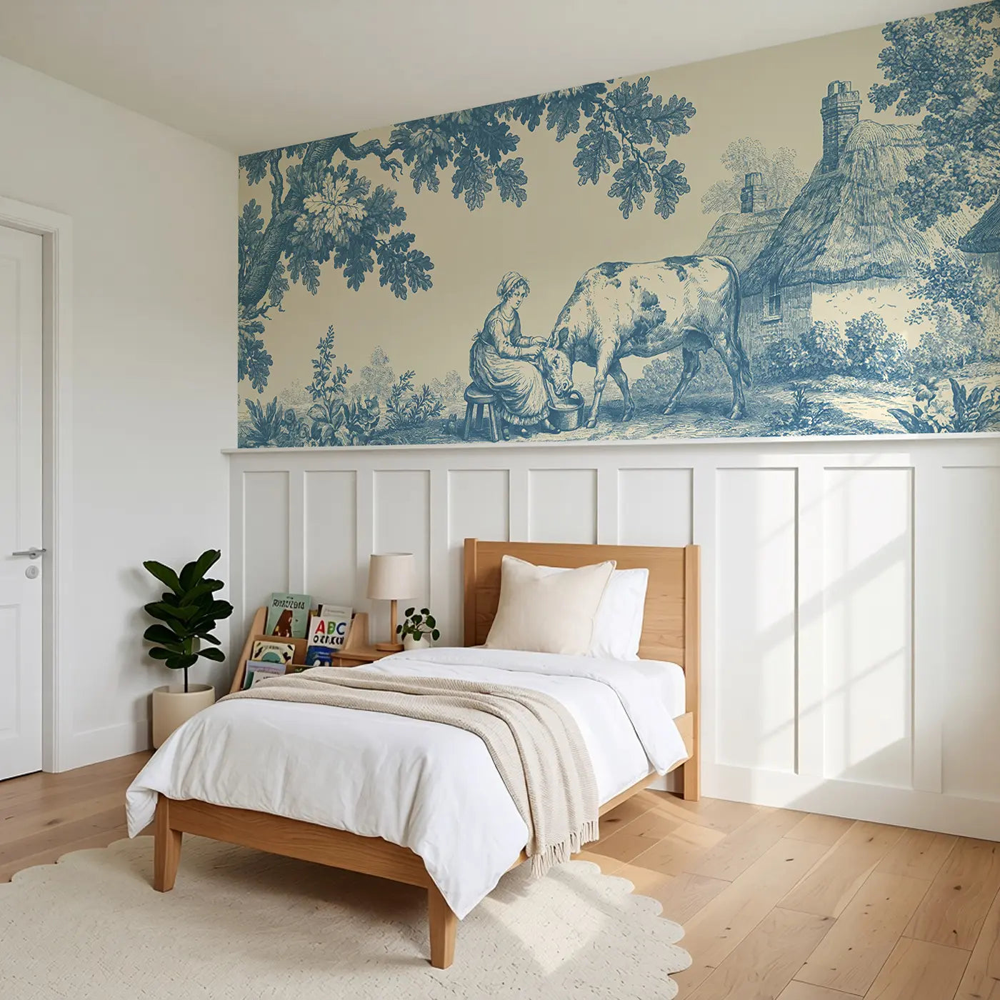 Milkmaid Cow Pastoral Toile Wainscoting Wallpaper styled in a kids bedroom by Whimsy Tots