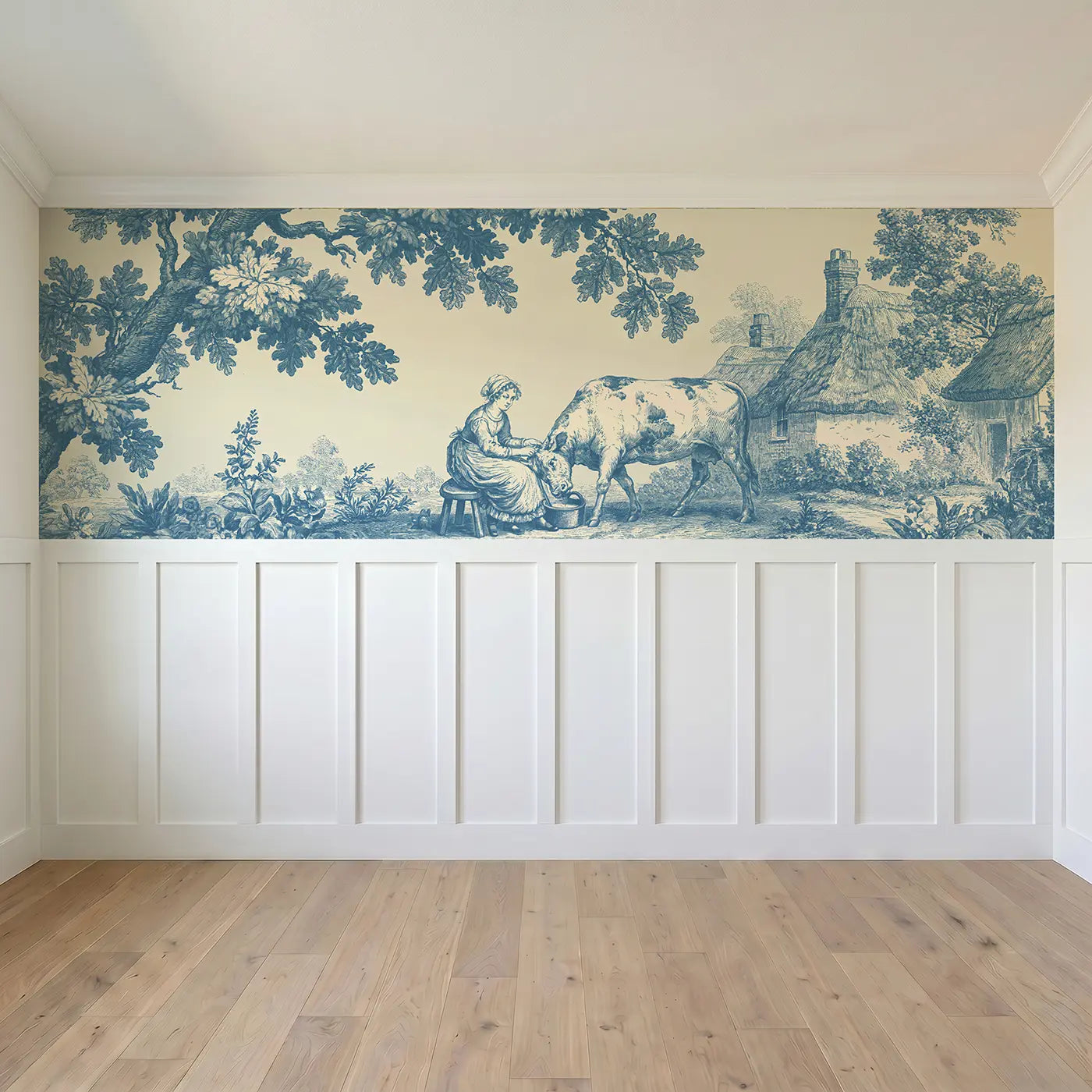 Full panel view of Milkmaid Cow Pastoral Toile Wainscoting Wallpaper by Whimsy Tots
