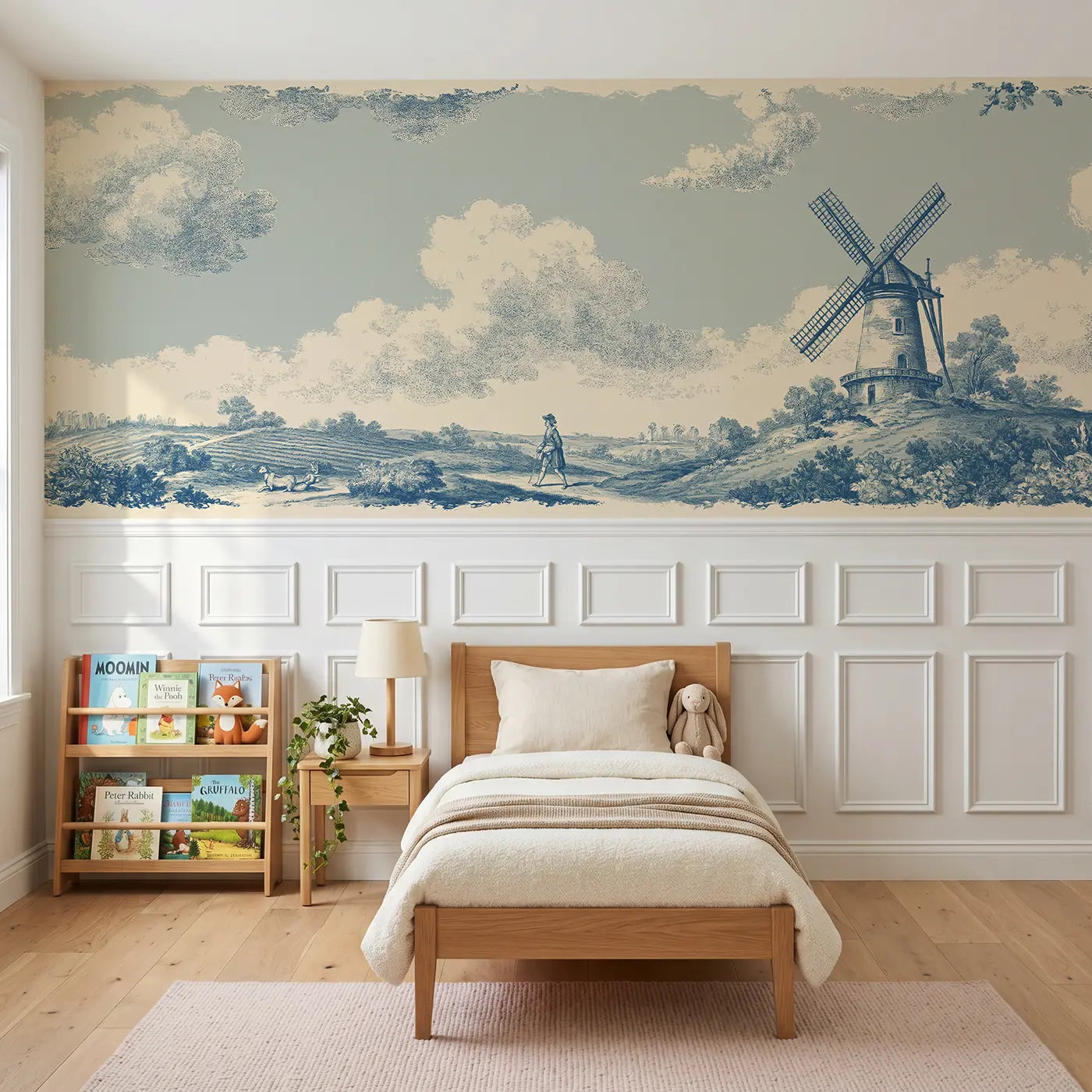 Botanical Elegance windmill countryside blue toile wainscoting wallpaper for bedroom by Whimsy Tots.