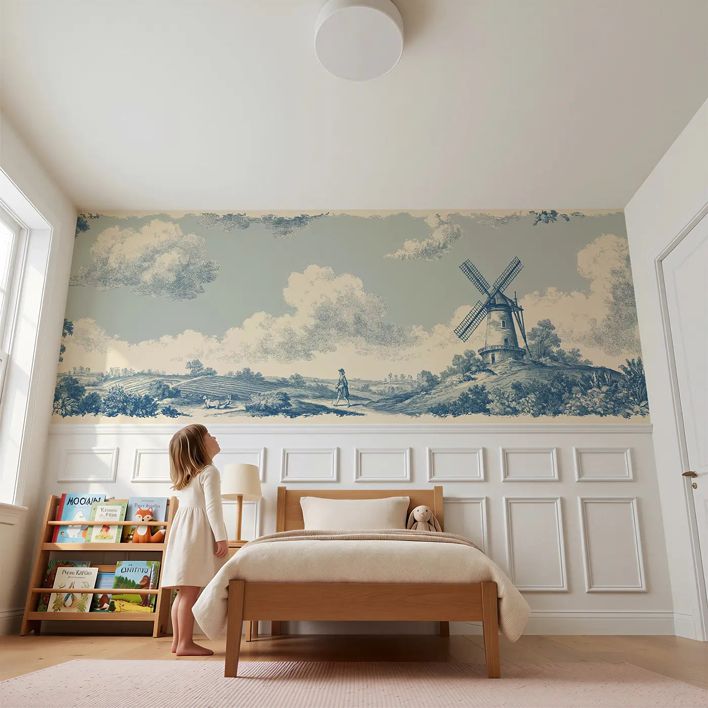 Child reading near Windmill Countryside Blue Toile Wainscoting Wallpaper by Whimsy Tots