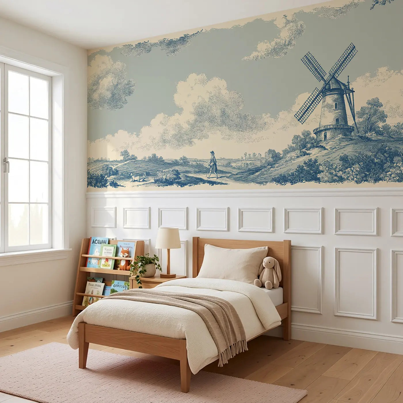 Windmill Countryside Blue Toile Wainscoting Wallpaper styled in a kids bedroom by Whimsy Tots