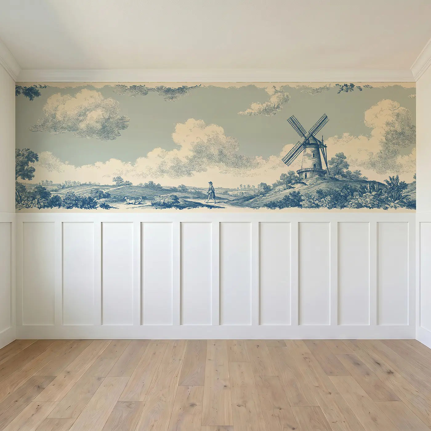 Full panel view of Windmill Countryside Blue Toile Wainscoting Wallpaper by Whimsy Tots