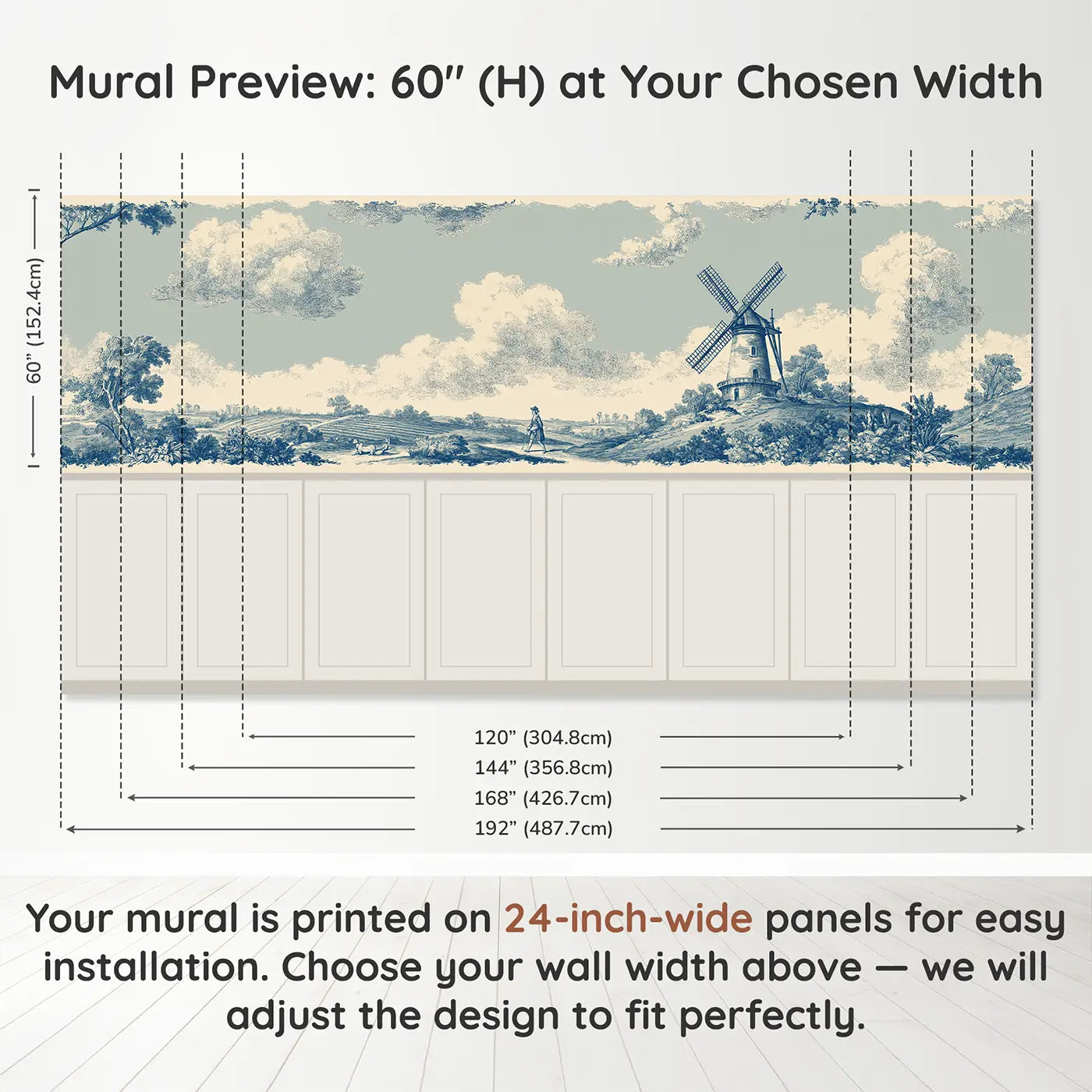 Panel dimensions for Windmill Countryside Blue Toile Wainscoting Wallpaper by Whimsy Tots