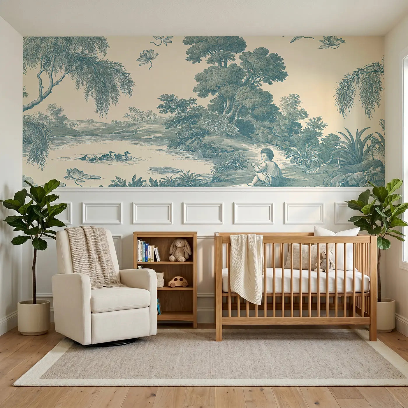 Botanical Elegance pond duck family blue toile wainscoting wallpaper for nursery by Whimsy Tots.