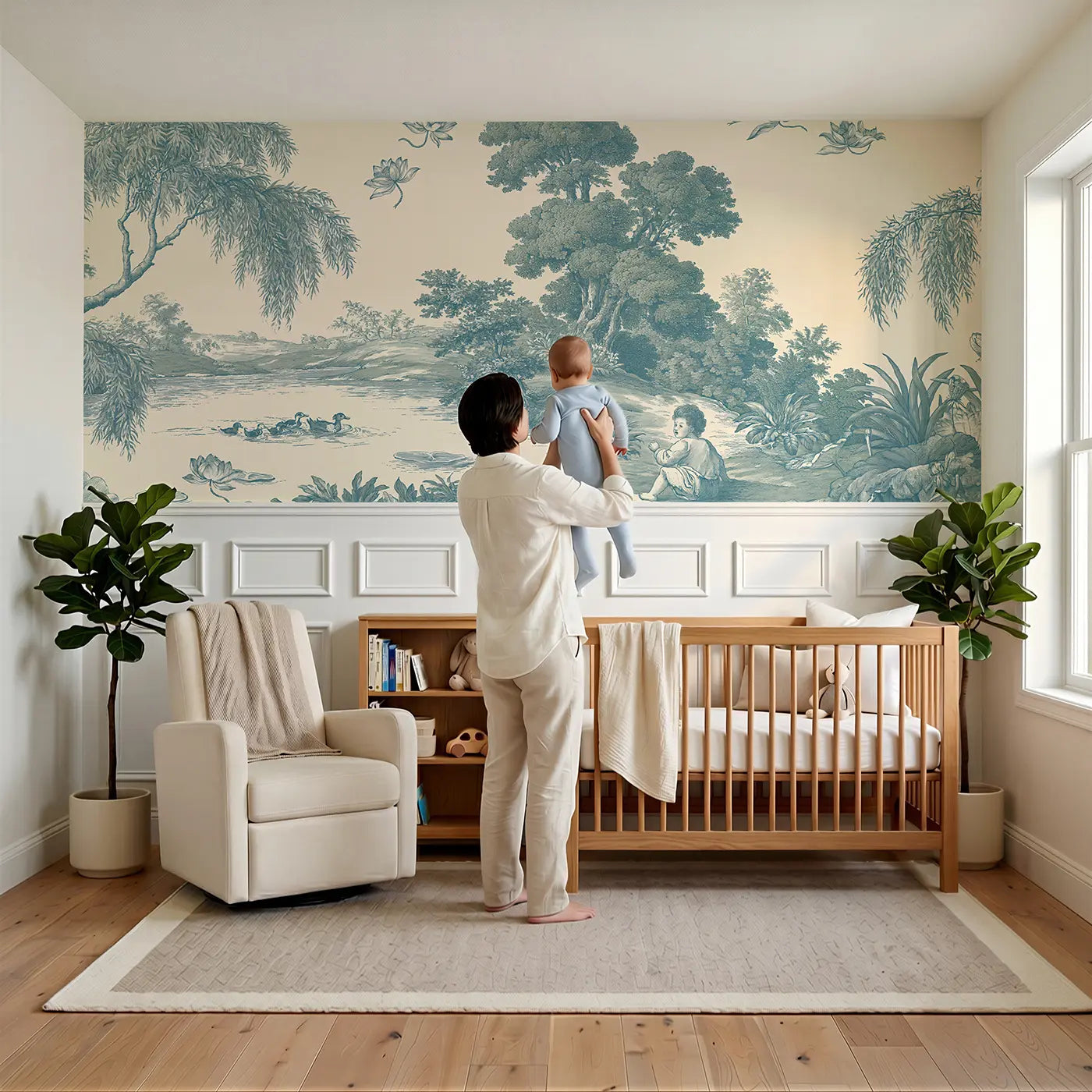 Child reading near Pond Duck Family Blue Toile Wainscoting Wallpaper by Whimsy Tots