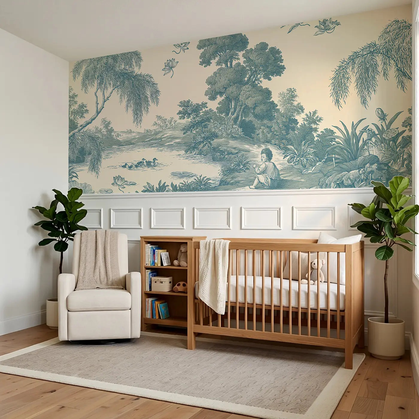 Pond Duck Family Blue Toile Wainscoting Wallpaper styled in a kids bedroom by Whimsy Tots