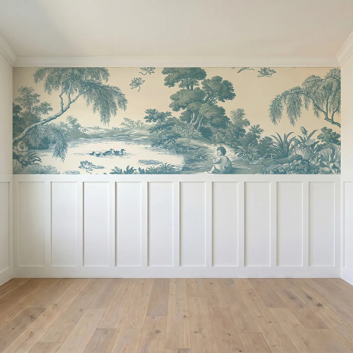 Full panel view of Pond Duck Family Blue Toile Wainscoting Wallpaper by Whimsy Tots