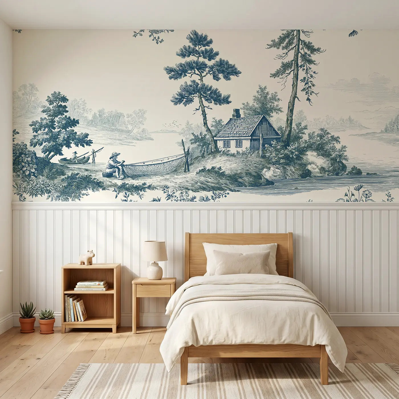 Botanical Elegance fishing cottage scene blue toile wainscoting wallpaper for bedroom by Whimsy Tots.