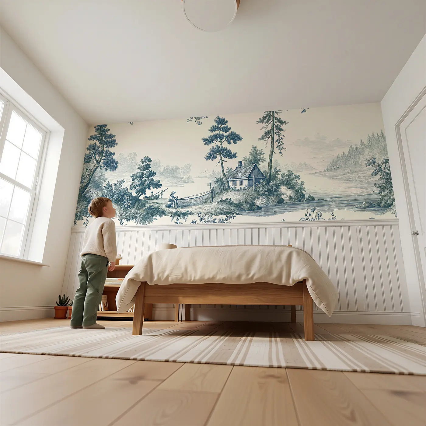 Child reading near Fishing Cottage Scene Blue Wainscoting Wallpaper by Whimsy Tots