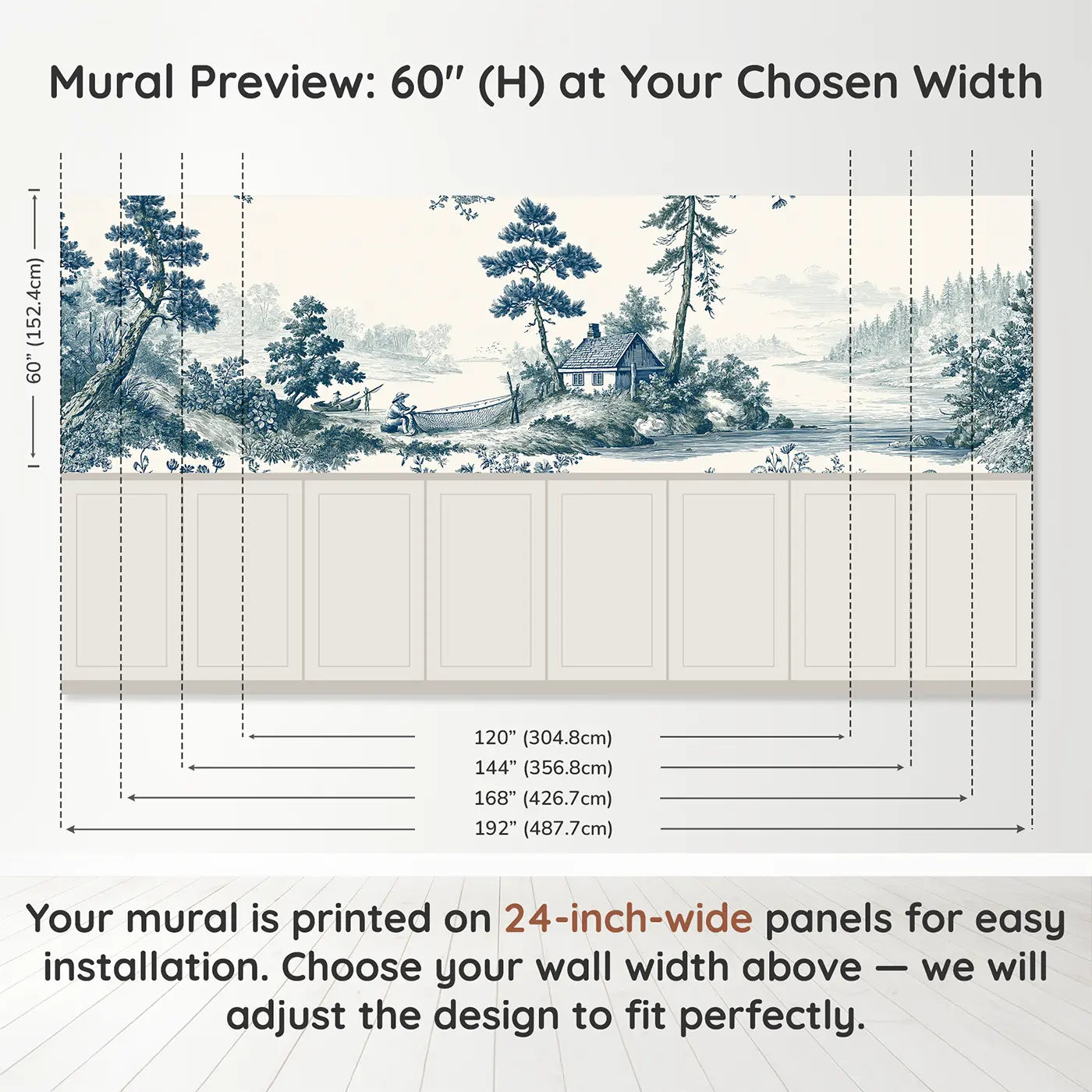 Panel dimensions for Fishing Cottage Scene Blue Wainscoting Wallpaper by Whimsy Tots