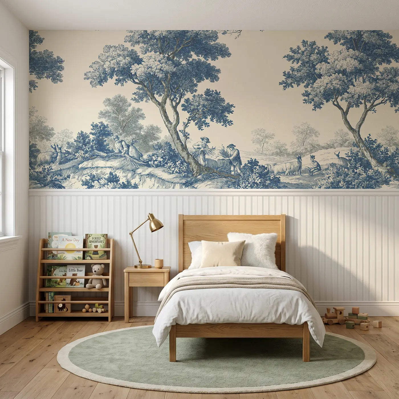 Botanical Elegance harvest field wheat blue toile wainscoting wallpaper for bedroom by Whimsy Tots.