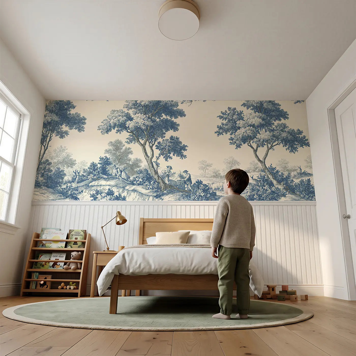 Child reading near Harvest Field Wheat Blue Toile Wainscoting Wallpaper by Whimsy Tots