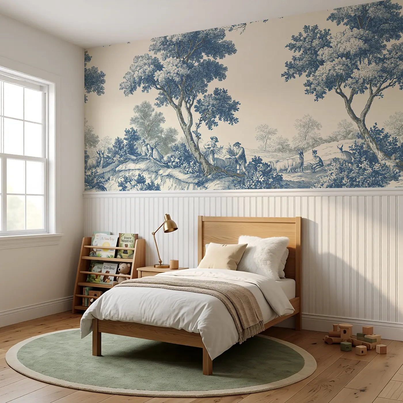 Harvest Field Wheat Blue Toile Wainscoting Wallpaper styled in a kids bedroom by Whimsy Tots