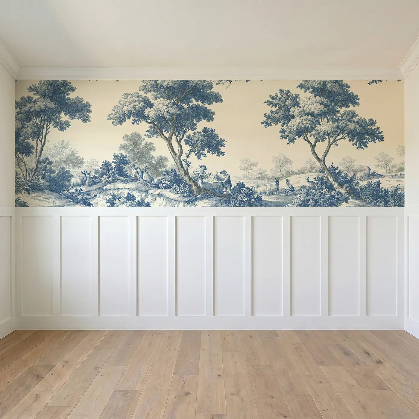 Full panel view of Harvest Field Wheat Blue Toile Wainscoting Wallpaper by Whimsy Tots