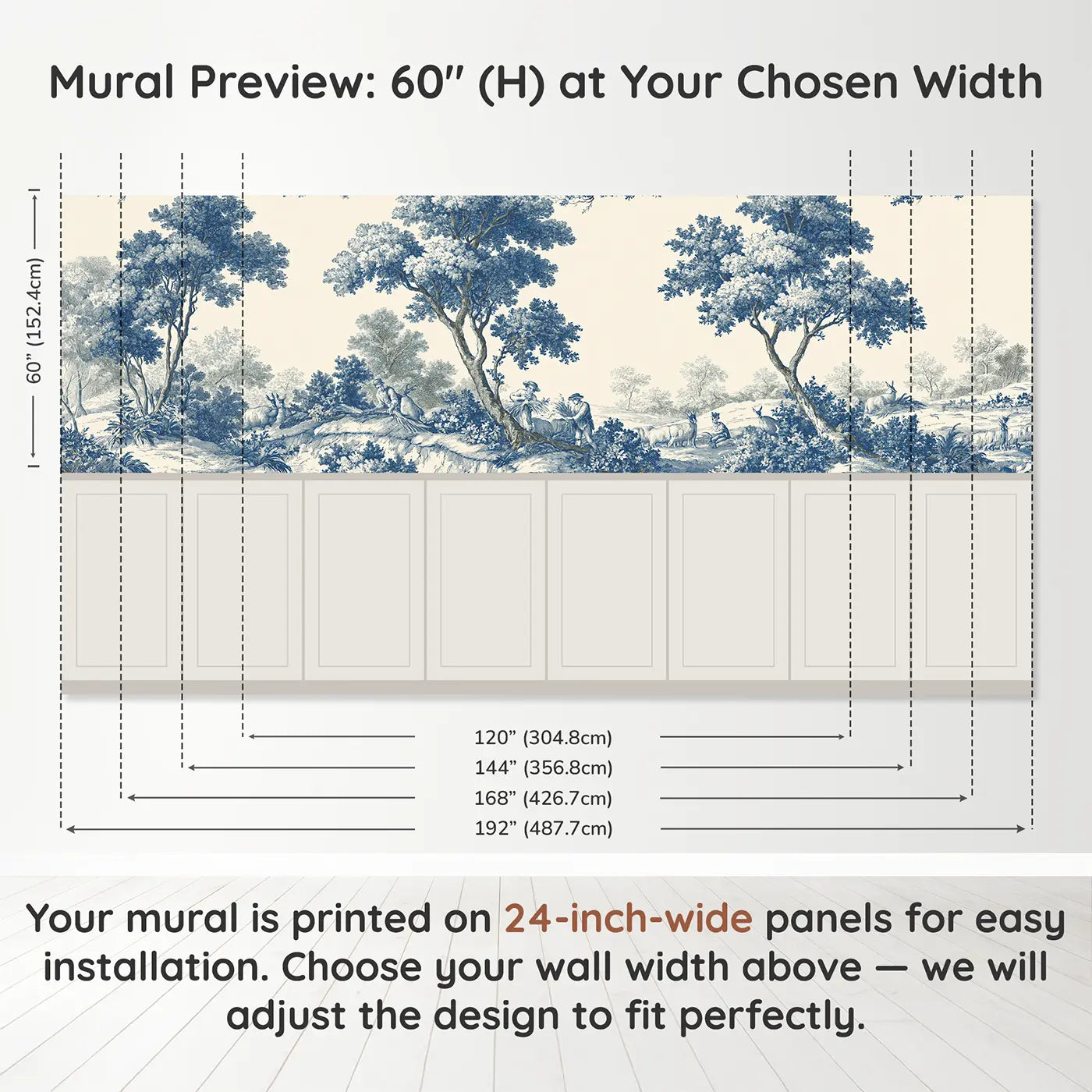 Panel dimensions for Harvest Field Wheat Blue Toile Wainscoting Wallpaper by Whimsy Tots