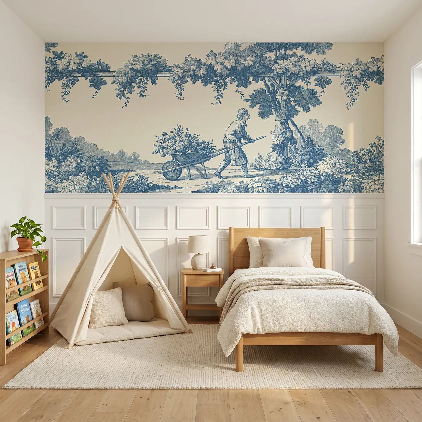 Botanical Elegance garden wheelbarrow blue toile wainscoting wallpaper for bedroom by Whimsy Tots.