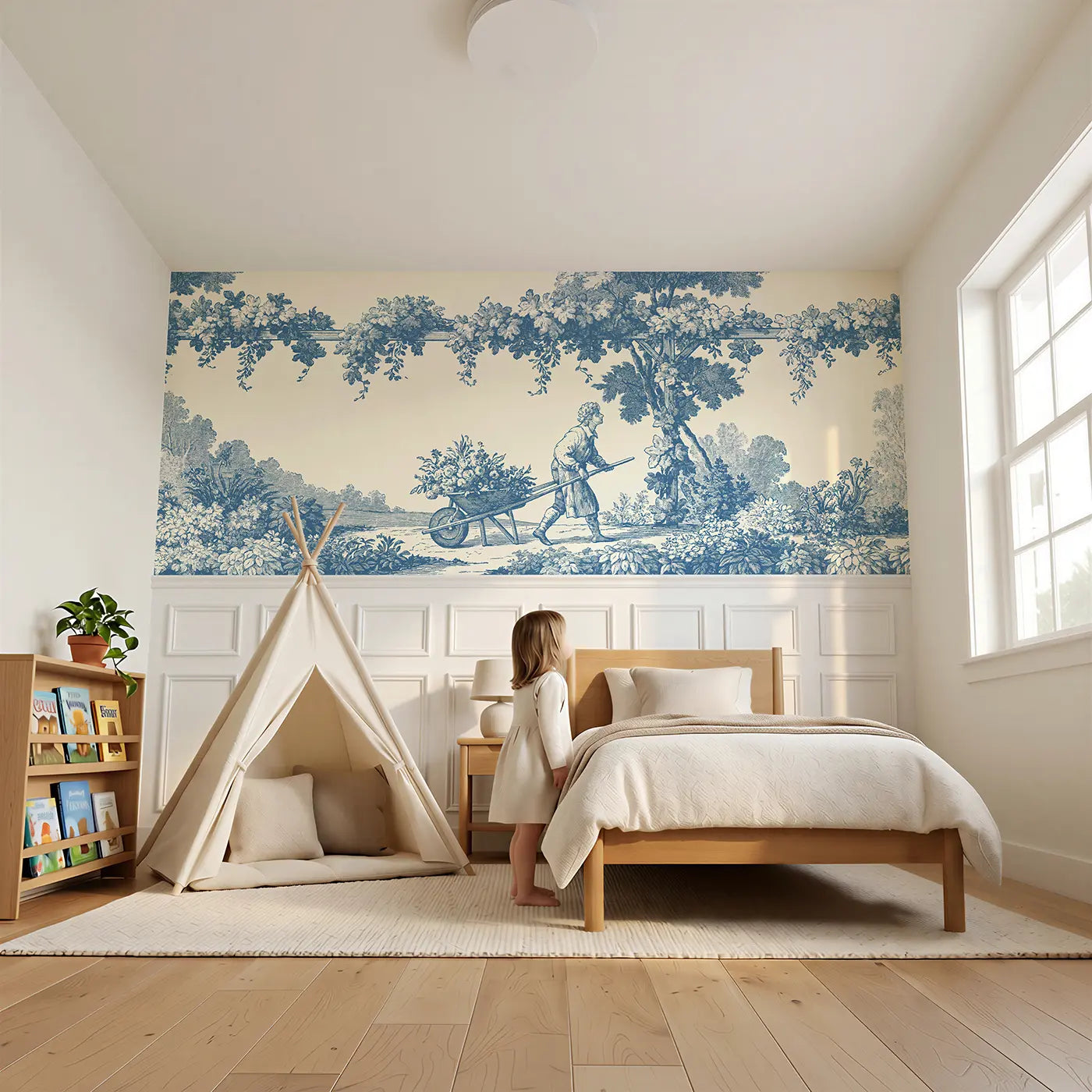Child reading near Garden Wheelbarrow Blue Toile Wainscoting Wallpaper by Whimsy Tots