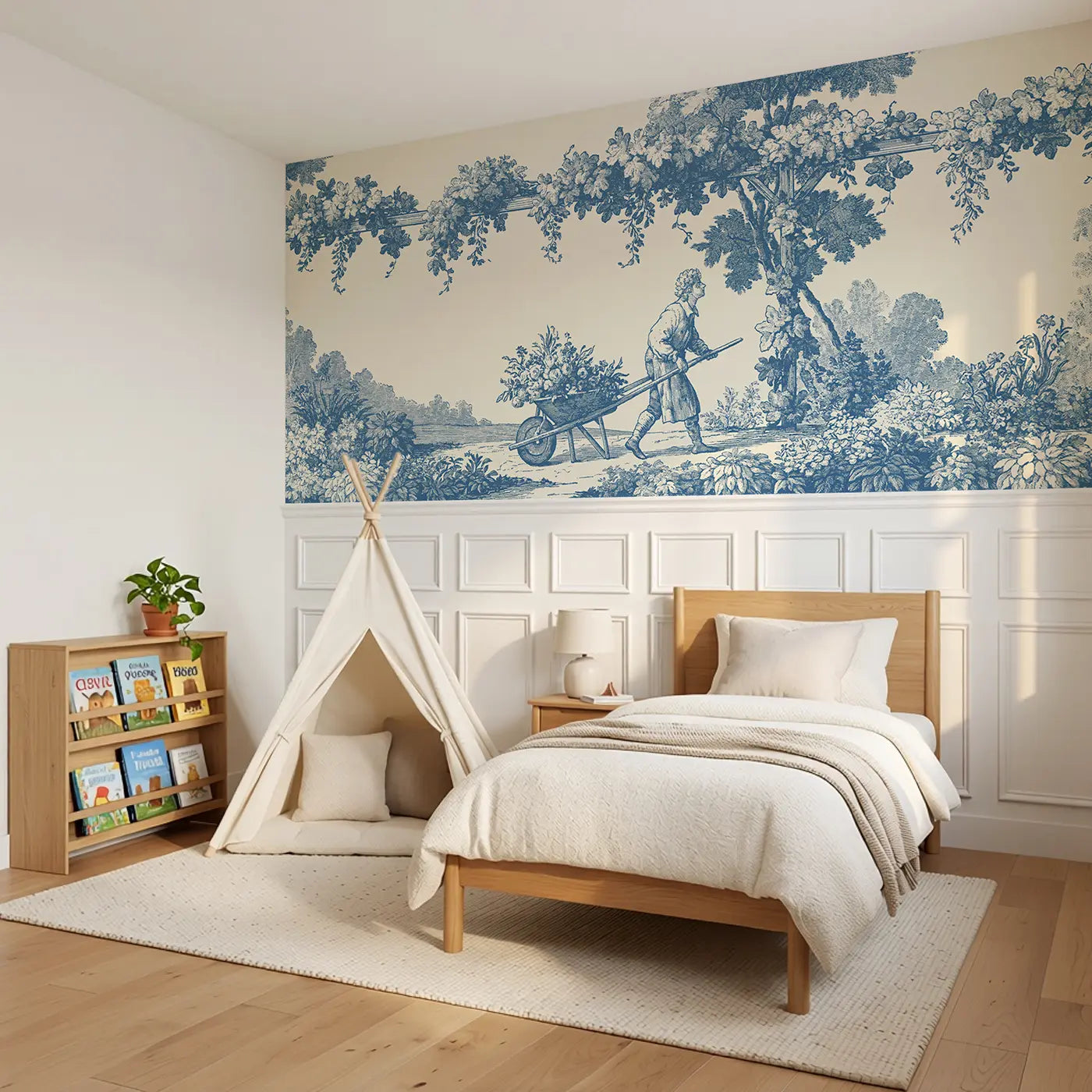 Garden Wheelbarrow Blue Toile Wainscoting Wallpaper styled in a kids bedroom by Whimsy Tots