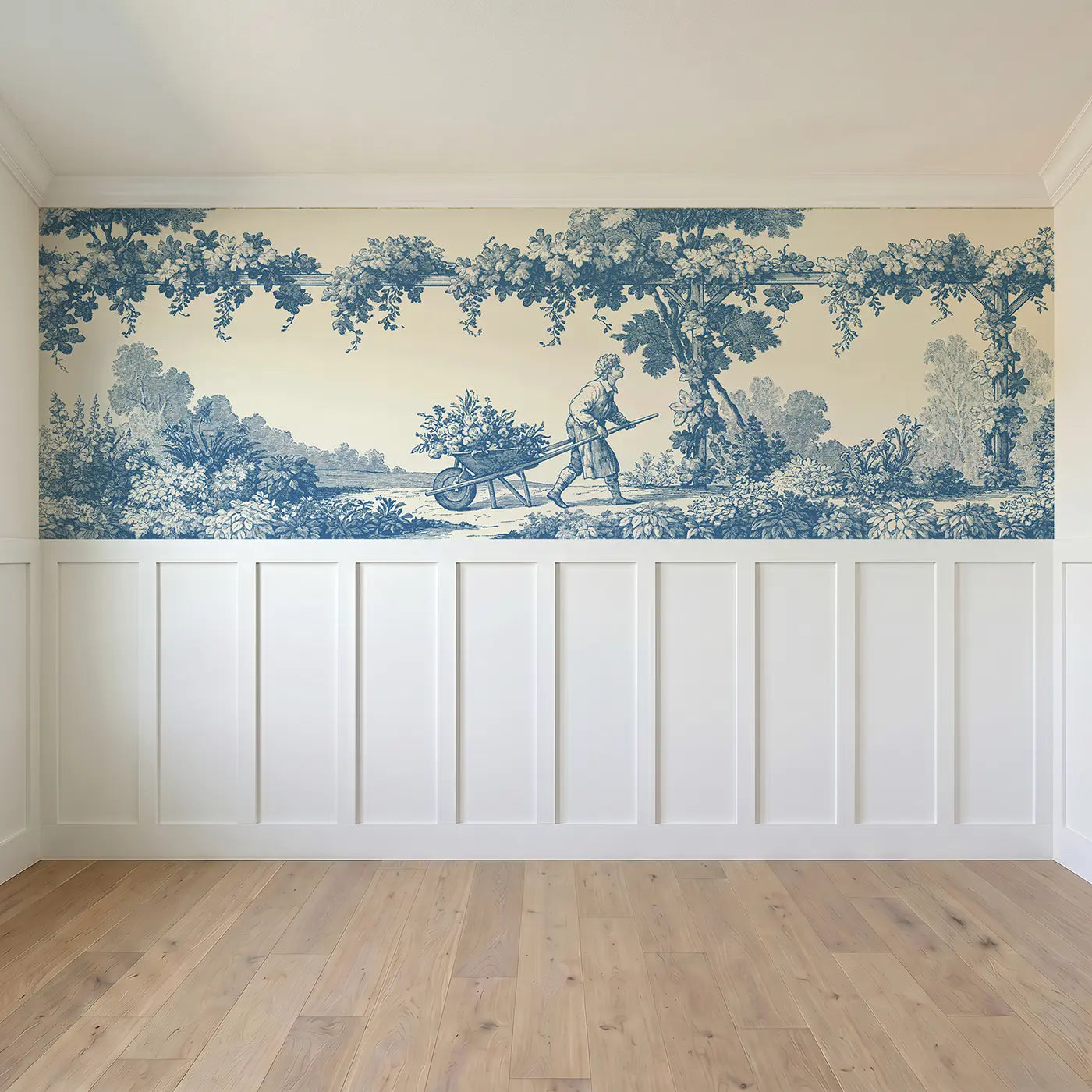 Full panel view of Garden Wheelbarrow Blue Toile Wainscoting Wallpaper by Whimsy Tots