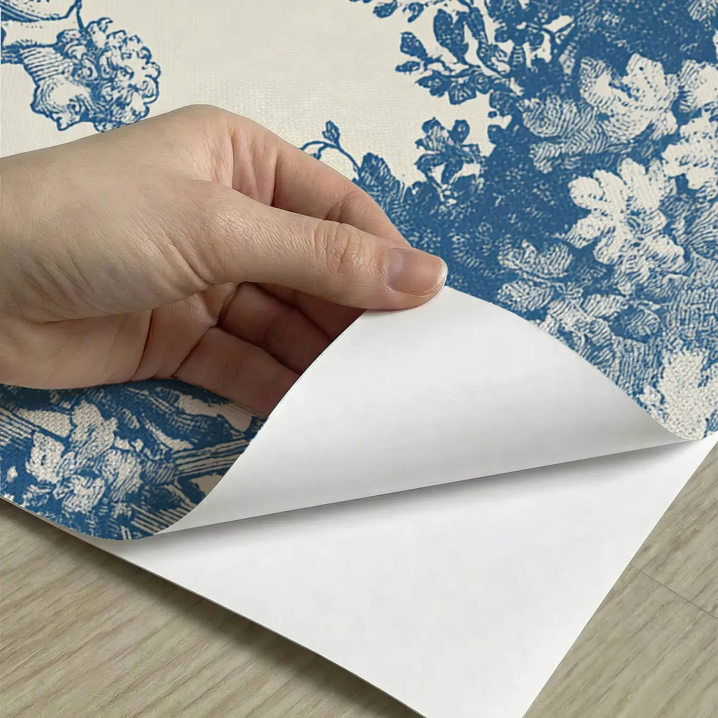 Peel-and-stick detail of Garden Wheelbarrow Blue Toile Wainscoting Wallpaper by Whimsy Tots