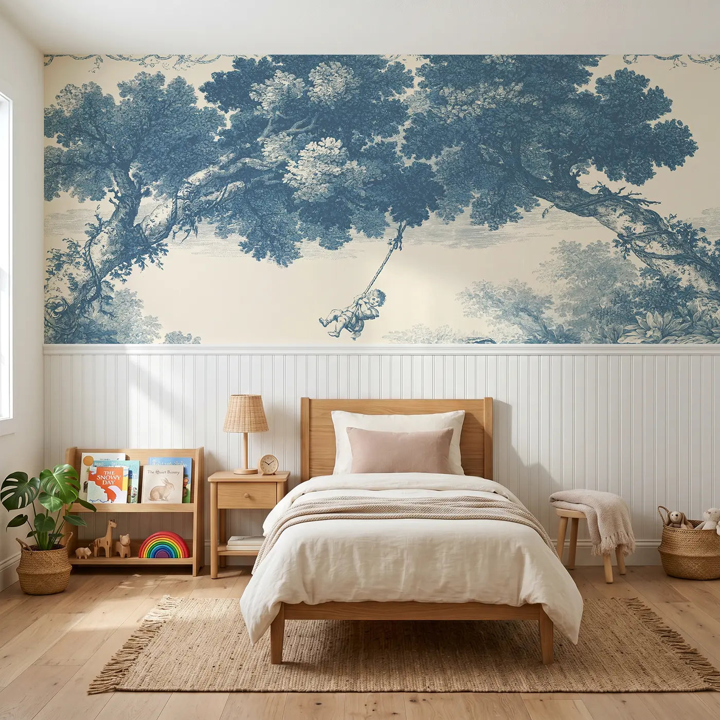 Botanical Elegance swing oak tree blue toile wainscoting wallpaper for bedroom by Whimsy Tots.