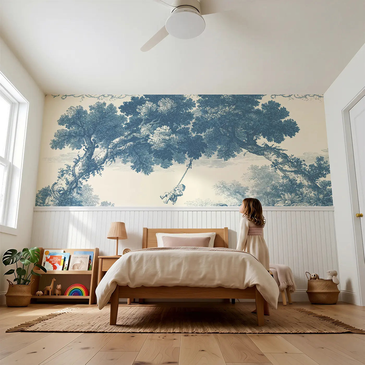 Child reading near Swing Oak Tree Blue Toile Wainscoting Wallpaper by Whimsy Tots