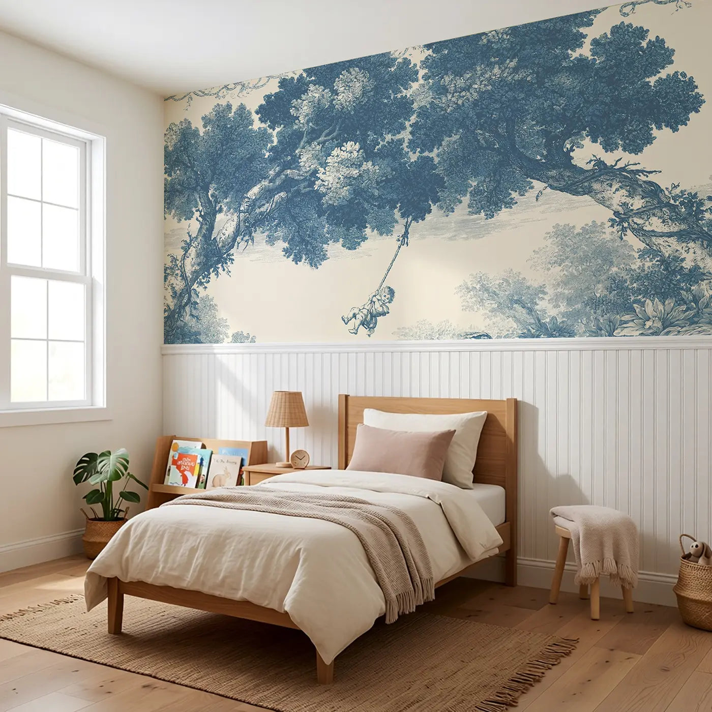 Swing Oak Tree Blue Toile Wainscoting Wallpaper styled in a kids bedroom by Whimsy Tots