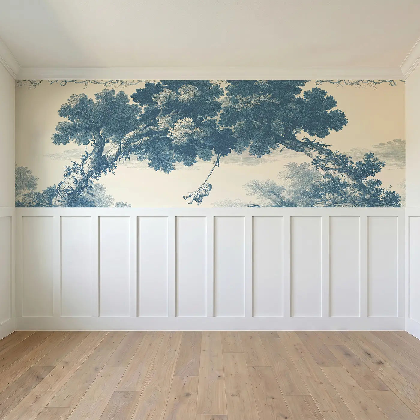 Full panel view of Swing Oak Tree Blue Toile Wainscoting Wallpaper by Whimsy Tots