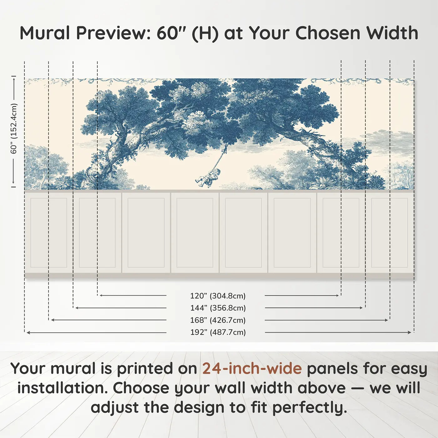 Panel dimensions for Swing Oak Tree Blue Toile Wainscoting Wallpaper by Whimsy Tots