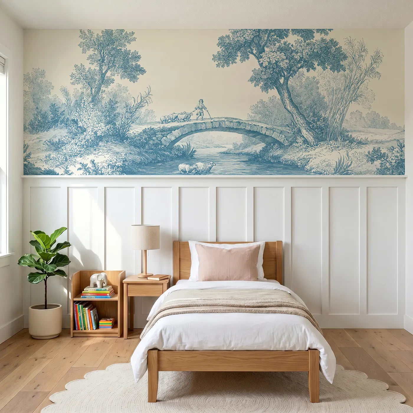 Botanical Elegance sheep bridge pastoral blue toile wainscoting wallpaper for bedroom by Whimsy Tots.