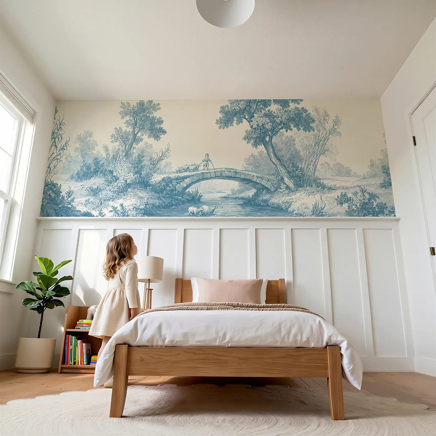 Child reading near Sheep Bridge Pastoral Blue Wainscoting Wallpaper by Whimsy Tots