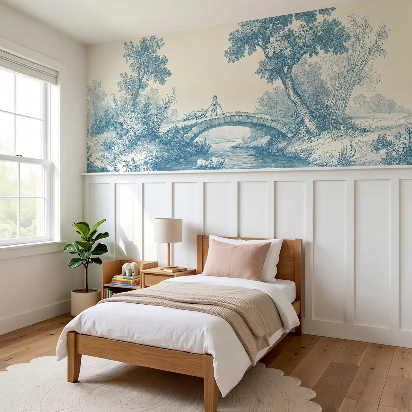 Sheep Bridge Pastoral Blue Wainscoting Wallpaper styled in a kids bedroom by Whimsy Tots