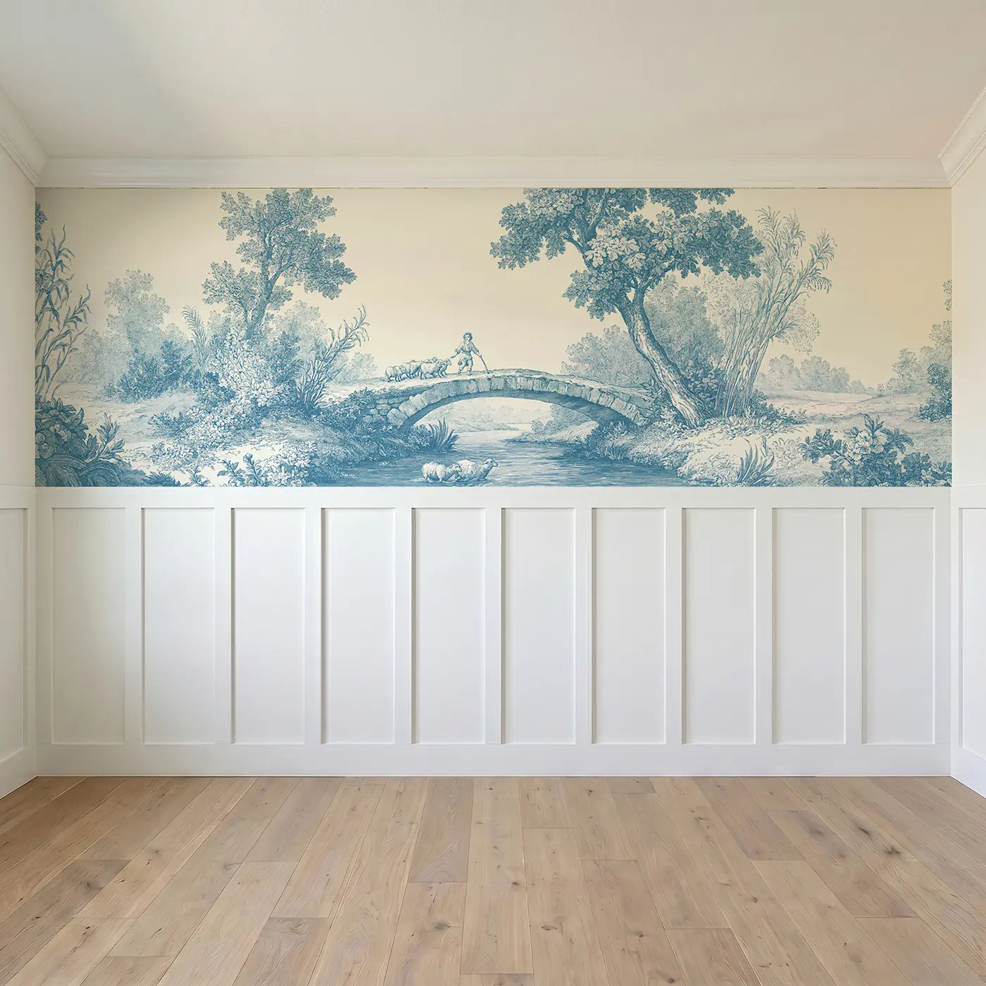 Full panel view of Sheep Bridge Pastoral Blue Wainscoting Wallpaper by Whimsy Tots