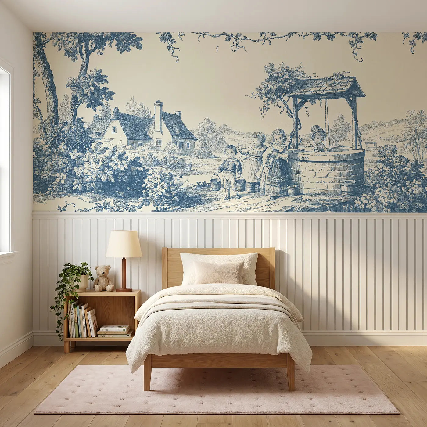 Botanical Elegance village well children blue toile wainscoting wallpaper for bedroom by Whimsy Tots.