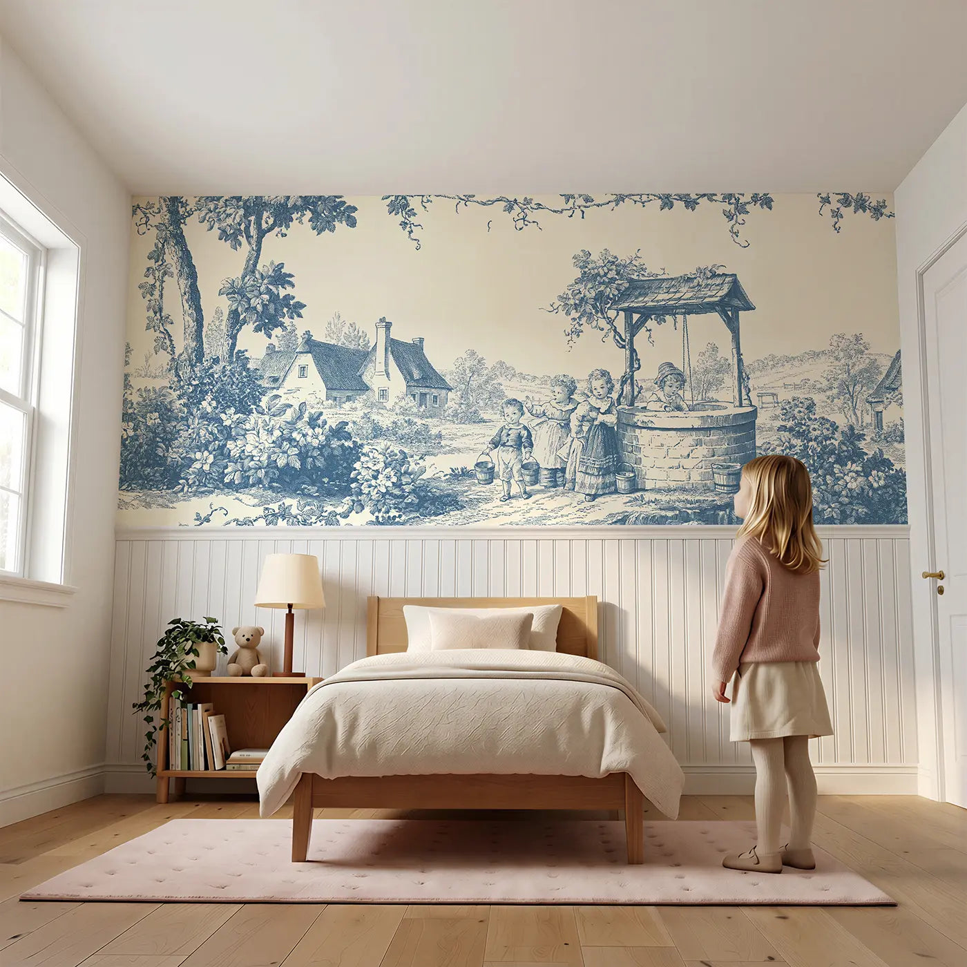 Child reading near Village Well Children Blue Wainscoting Wallpaper by Whimsy Tots