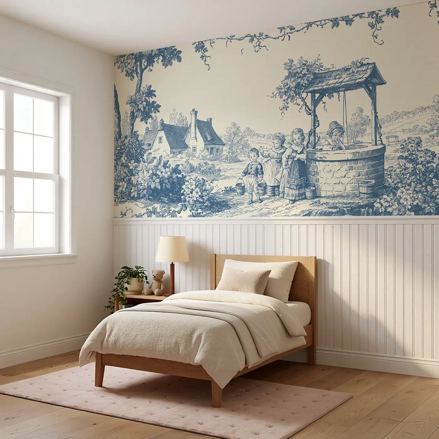 Village Well Children Blue Wainscoting Wallpaper styled in a kids bedroom by Whimsy Tots