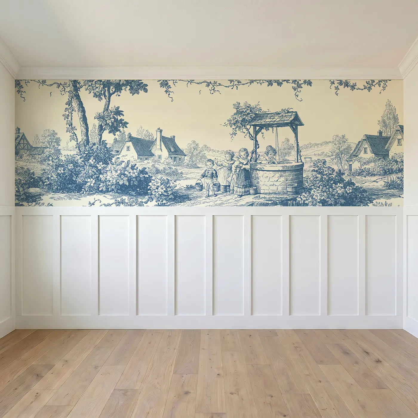 Full panel view of Village Well Children Blue Wainscoting Wallpaper by Whimsy Tots