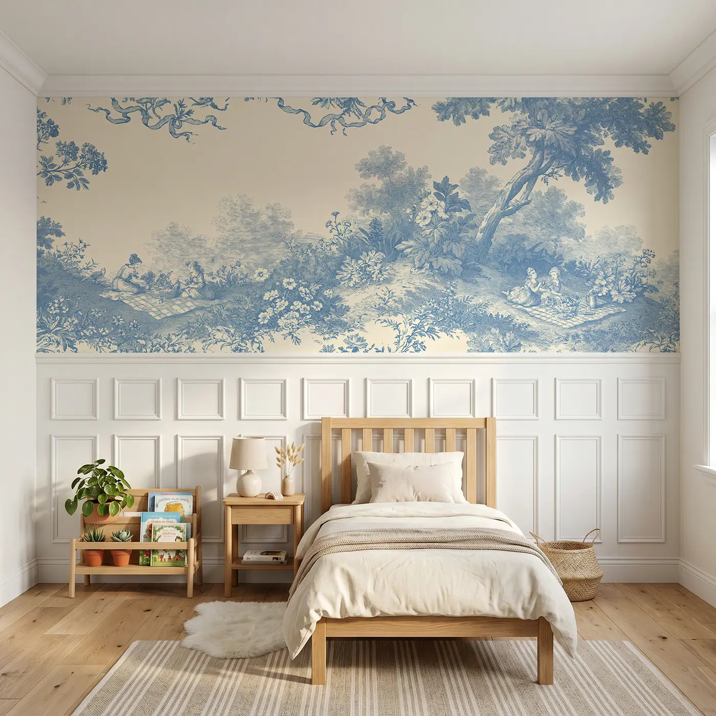 Botanical Elegance meadow tea picnic blue toile wainscoting wallpaper for bedroom by Whimsy Tots.