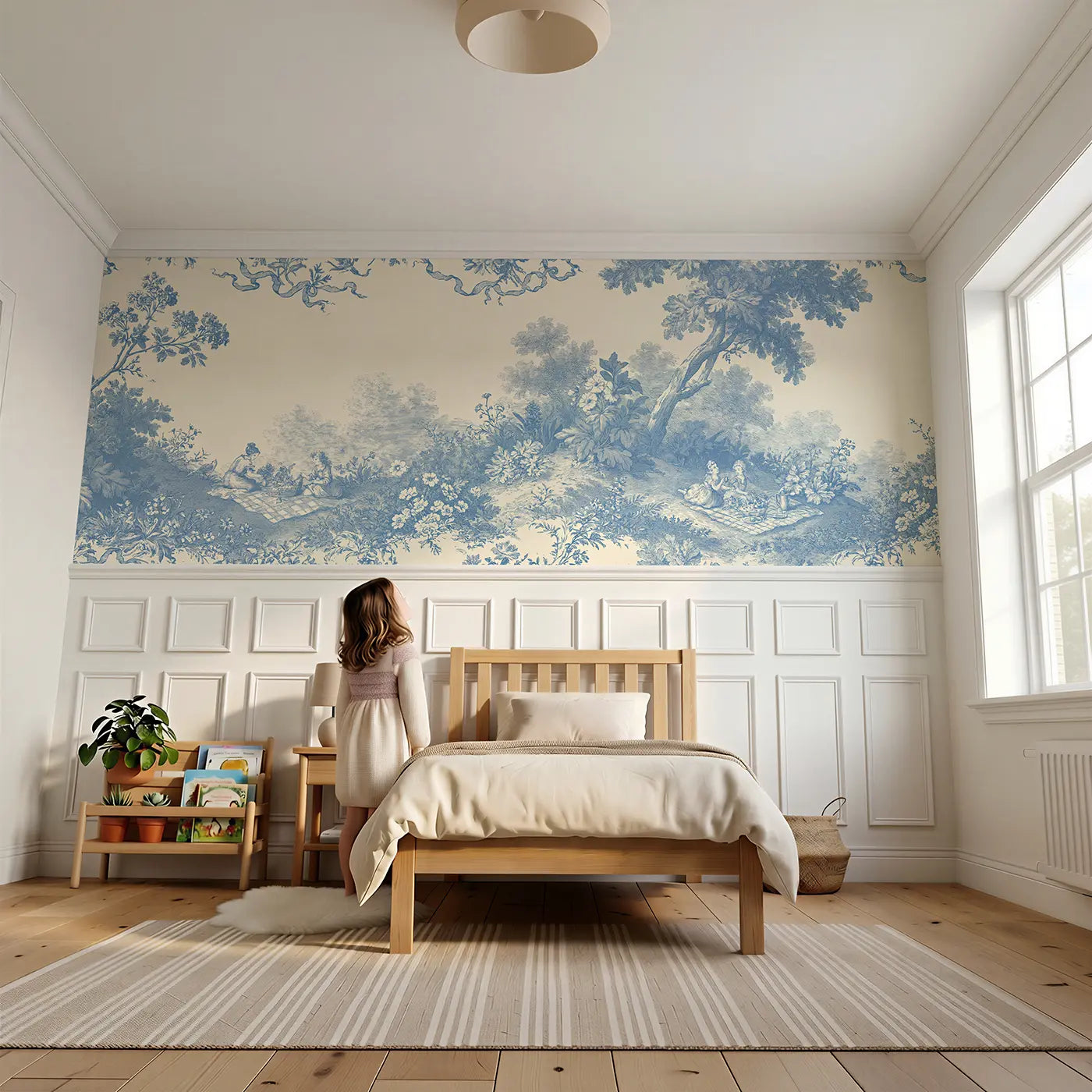 Child reading near Meadow Tea Picnic Blue Toile Wainscoting Wallpaper by Whimsy Tots