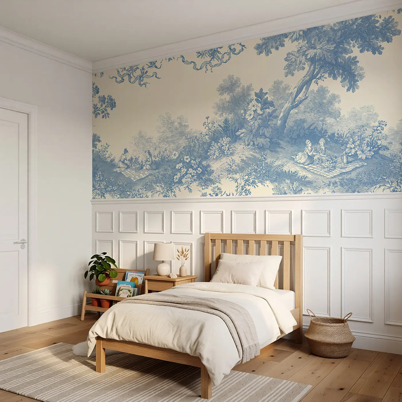 Meadow Tea Picnic Blue Toile Wainscoting Wallpaper styled in a kids bedroom by Whimsy Tots