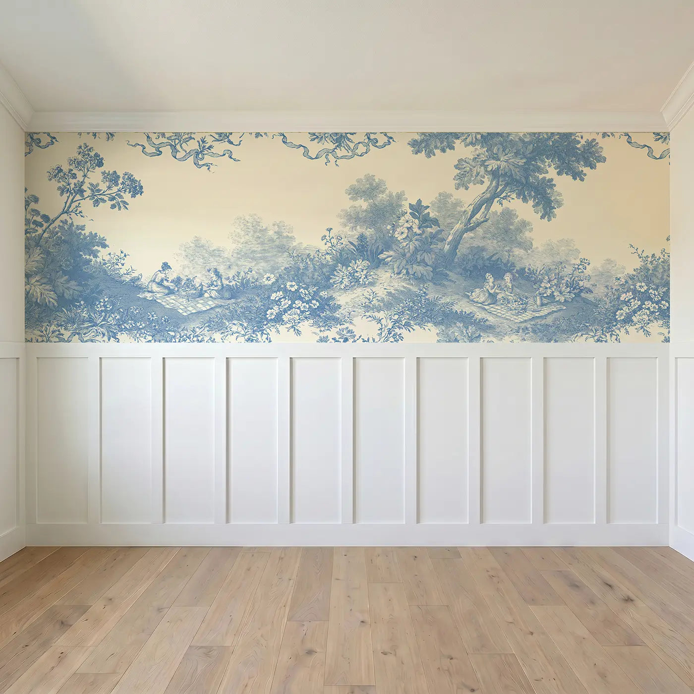 Full panel view of Meadow Tea Picnic Blue Toile Wainscoting Wallpaper by Whimsy Tots