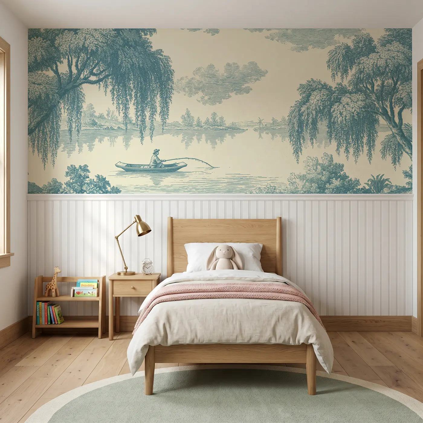 Botanical Elegance boat lake fishing blue toile wainscoting wallpaper for bedroom by Whimsy Tots.