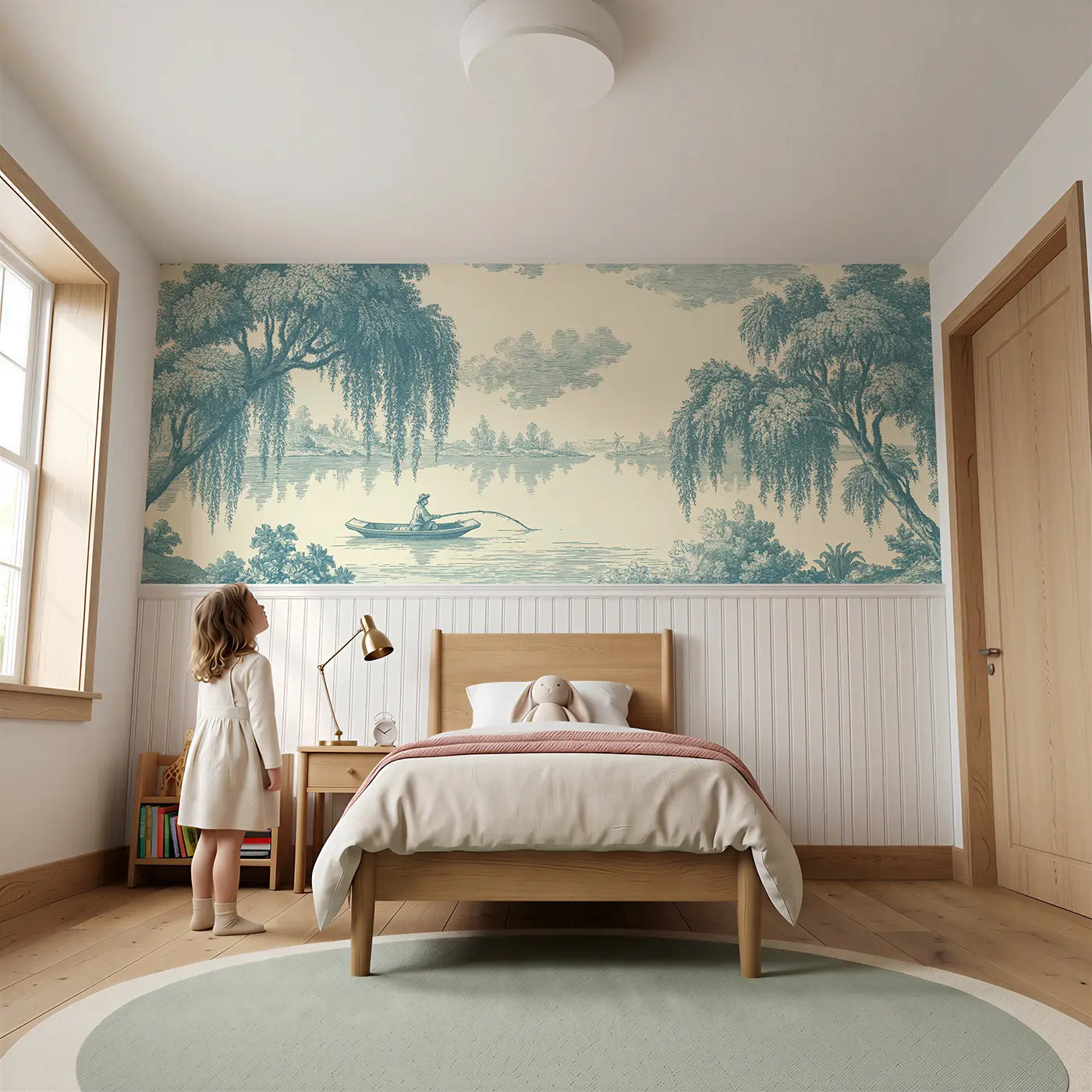 Child reading near Boat Lake Fishing Blue Toile Wainscoting Wallpaper by Whimsy Tots