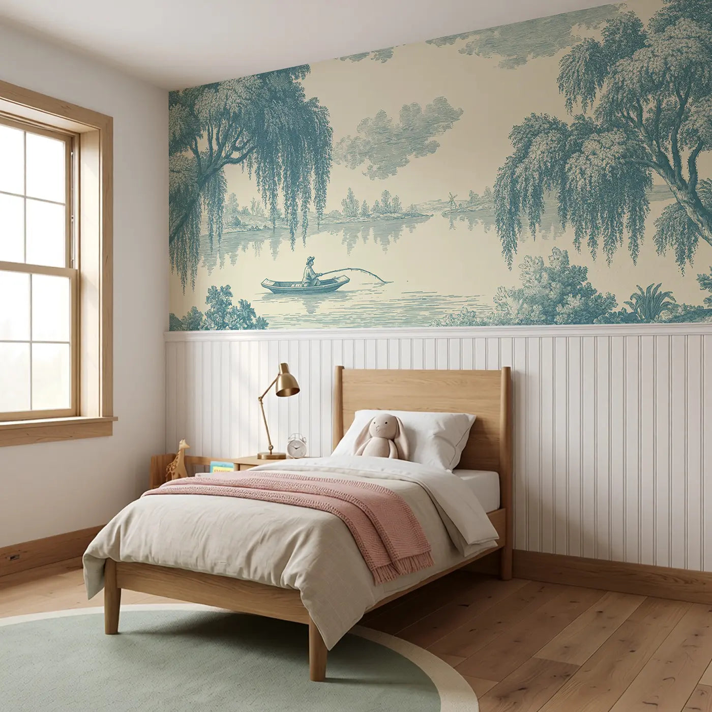 Boat Lake Fishing Blue Toile Wainscoting Wallpaper styled in a kids bedroom by Whimsy Tots