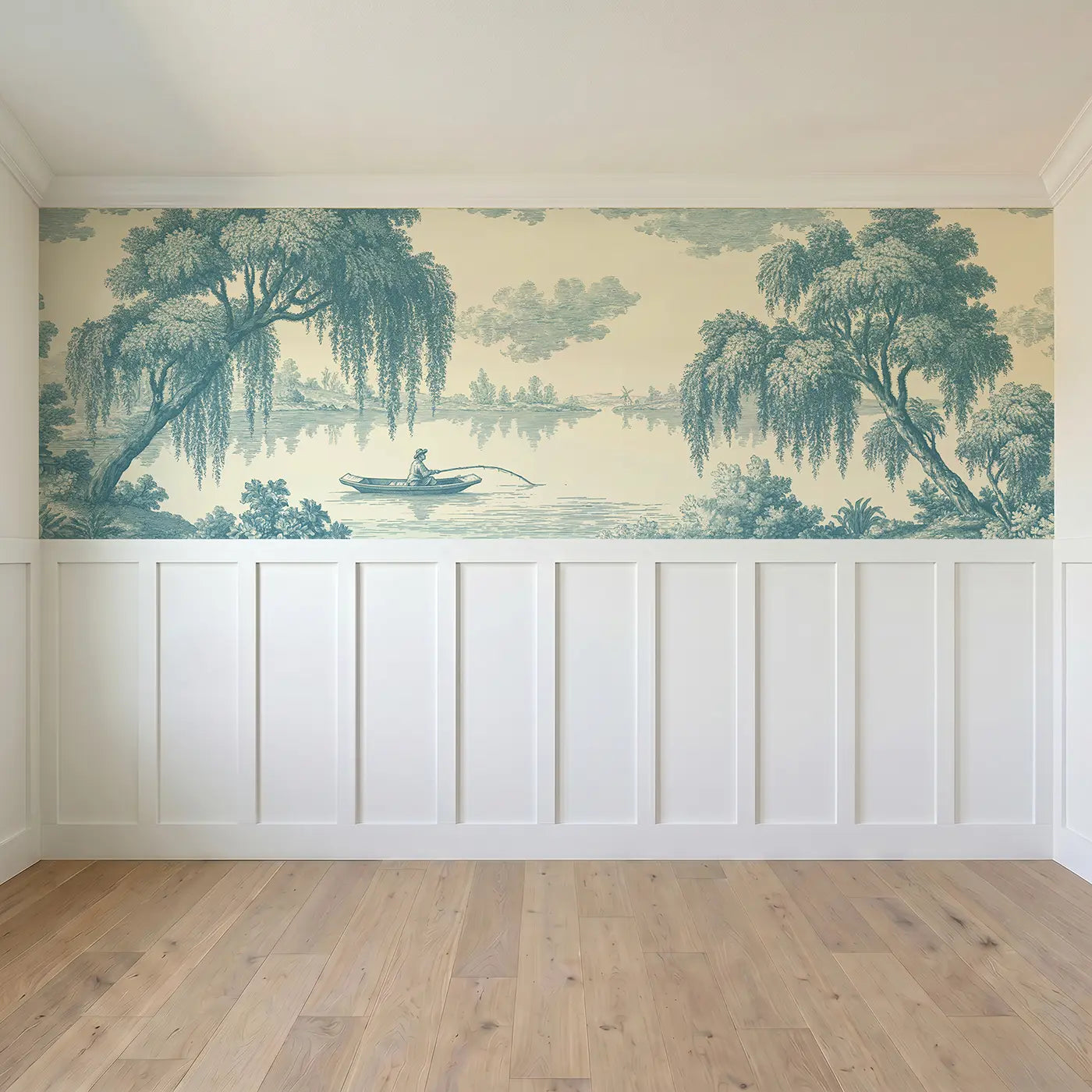 Full panel view of Boat Lake Fishing Blue Toile Wainscoting Wallpaper by Whimsy Tots